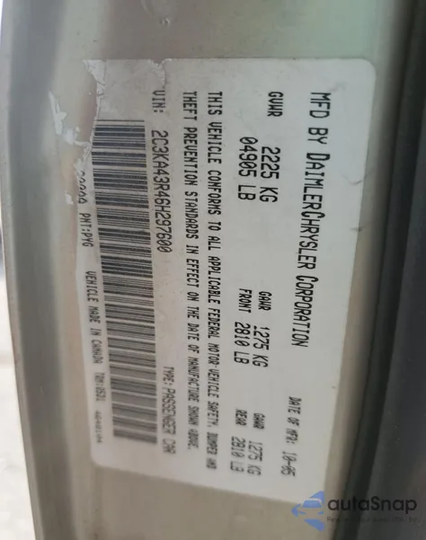 2006 Chrysler 300 z USA, uszkodzony, nr VIN 2C3KA43R46H297600